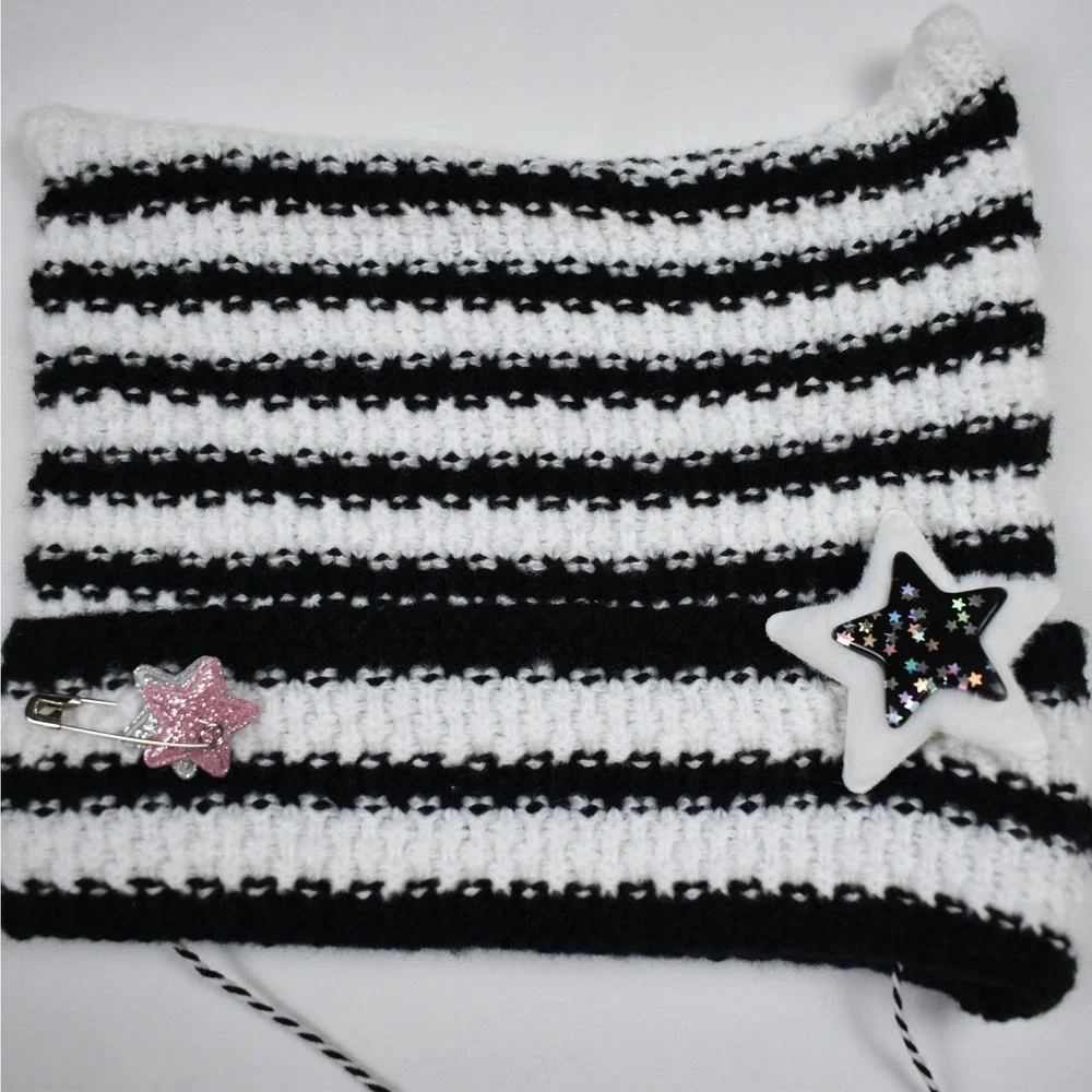 Kids Black & White Striped Star Knit Beanie Hat With Pom Poms Size S